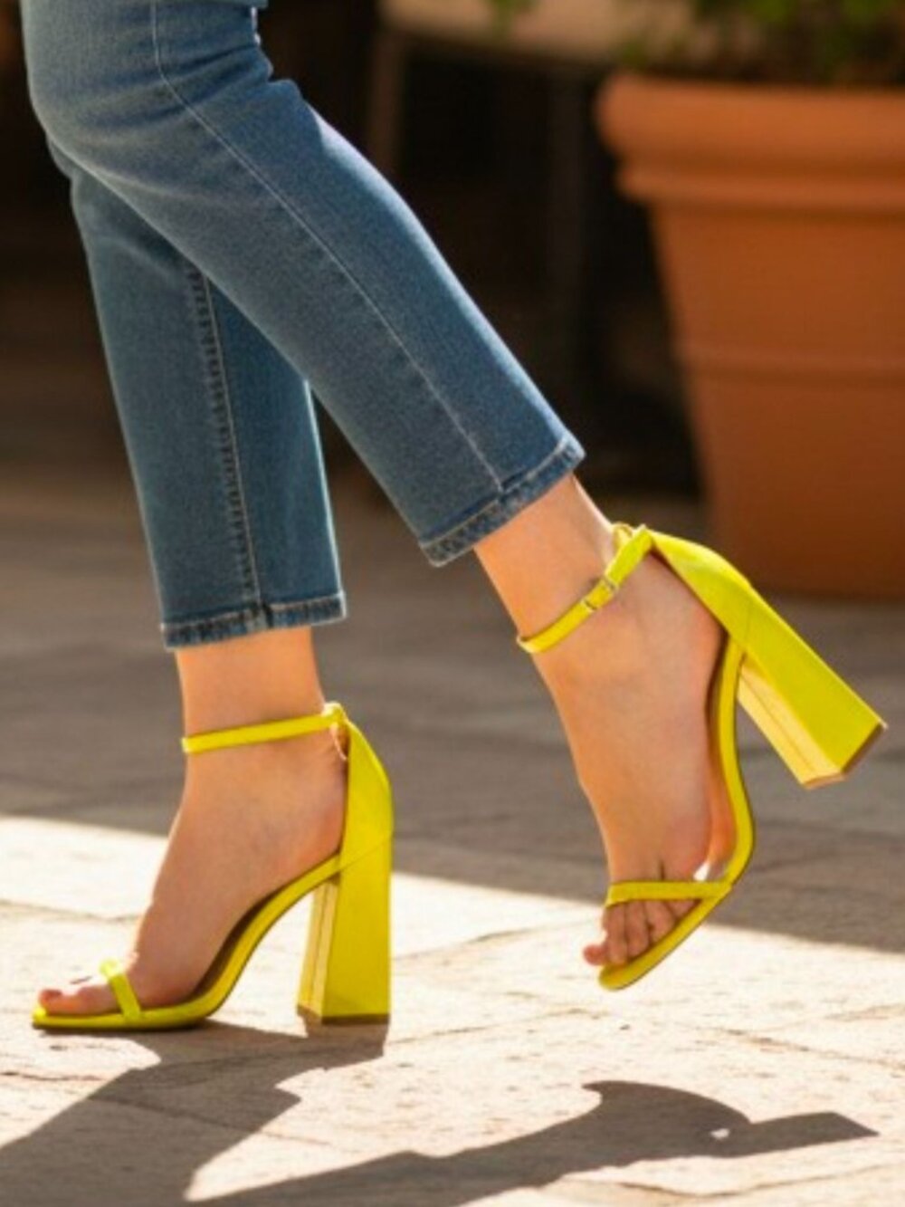 Neon Yellow Block Heel Sandals With Adjustable Ankle Strap Open Toe Design And G